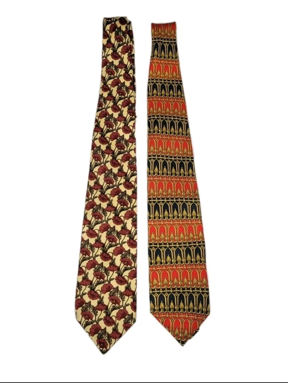 Huntington Mens 100% Silk Ties Lot Of Two Floral/Arches Print Vintage EUC